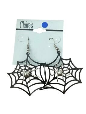 Vintage Claire's Black Spider Web Silver Spider Dangle Earrings Halloween NWT